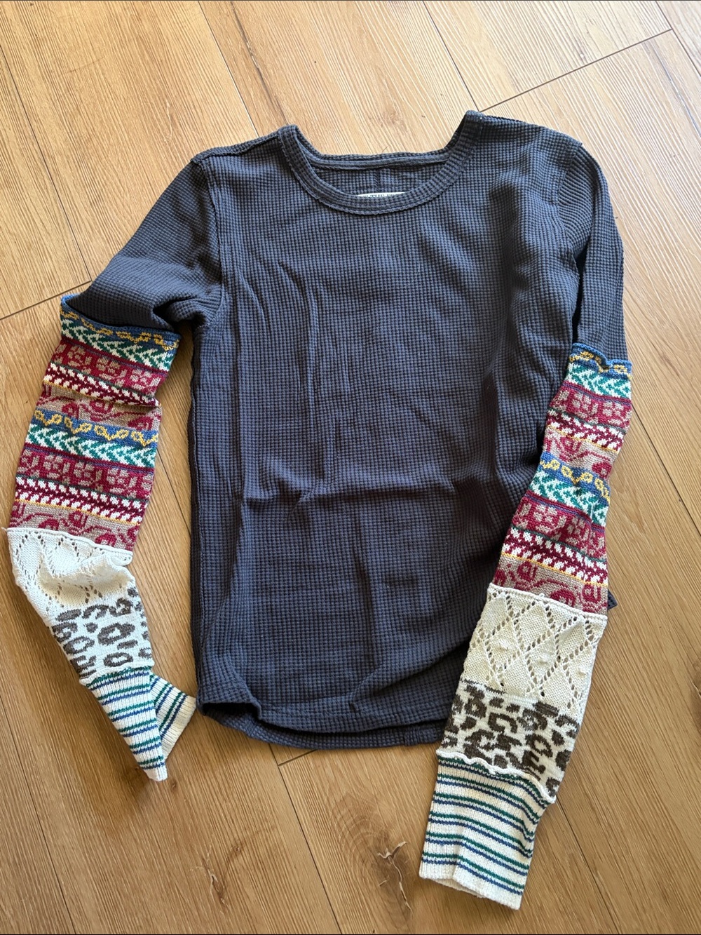 Free People Waffle Knit Long Sleeve Top with Patterned Mixed-Sleeves - Gray